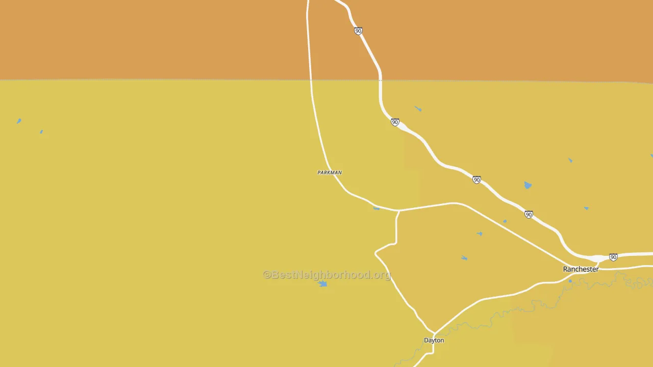 Map of the best neighborhoods in the 82838 area, with better matches in green and worse matches in red