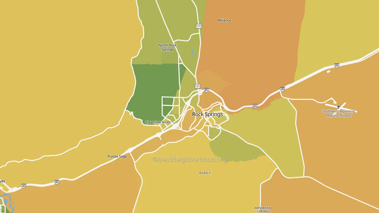 Map of the best neighborhoods in the 82901 area, with better matches in green and worse matches in red