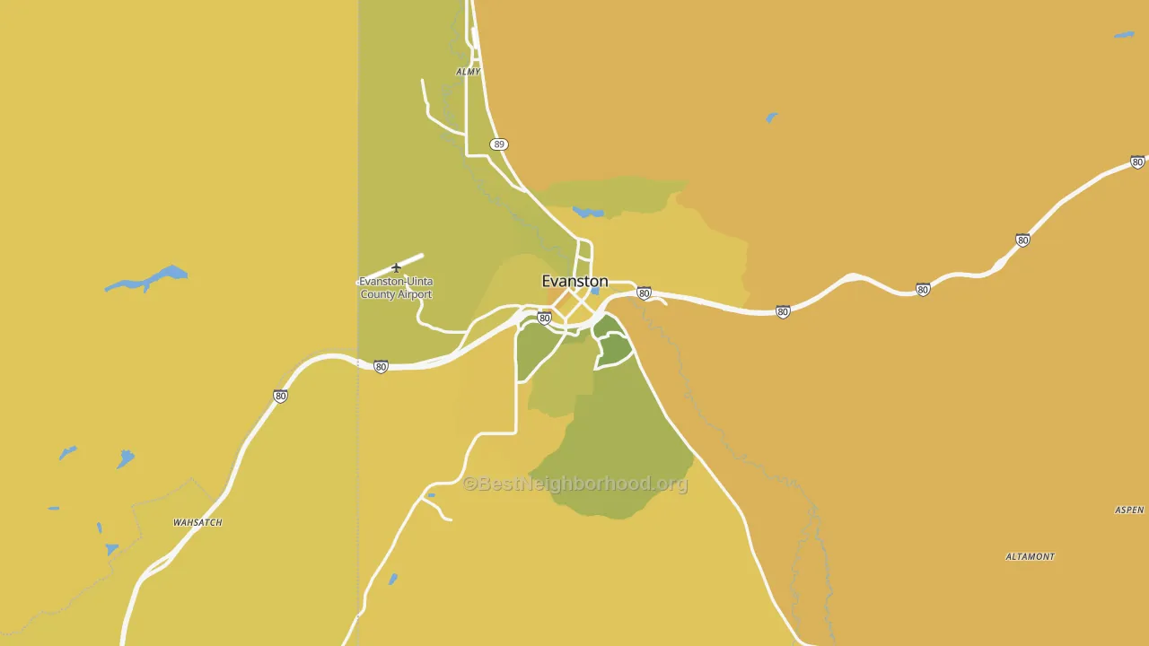 Map of the best neighborhoods in the 82930 area, with better matches in green and worse matches in red