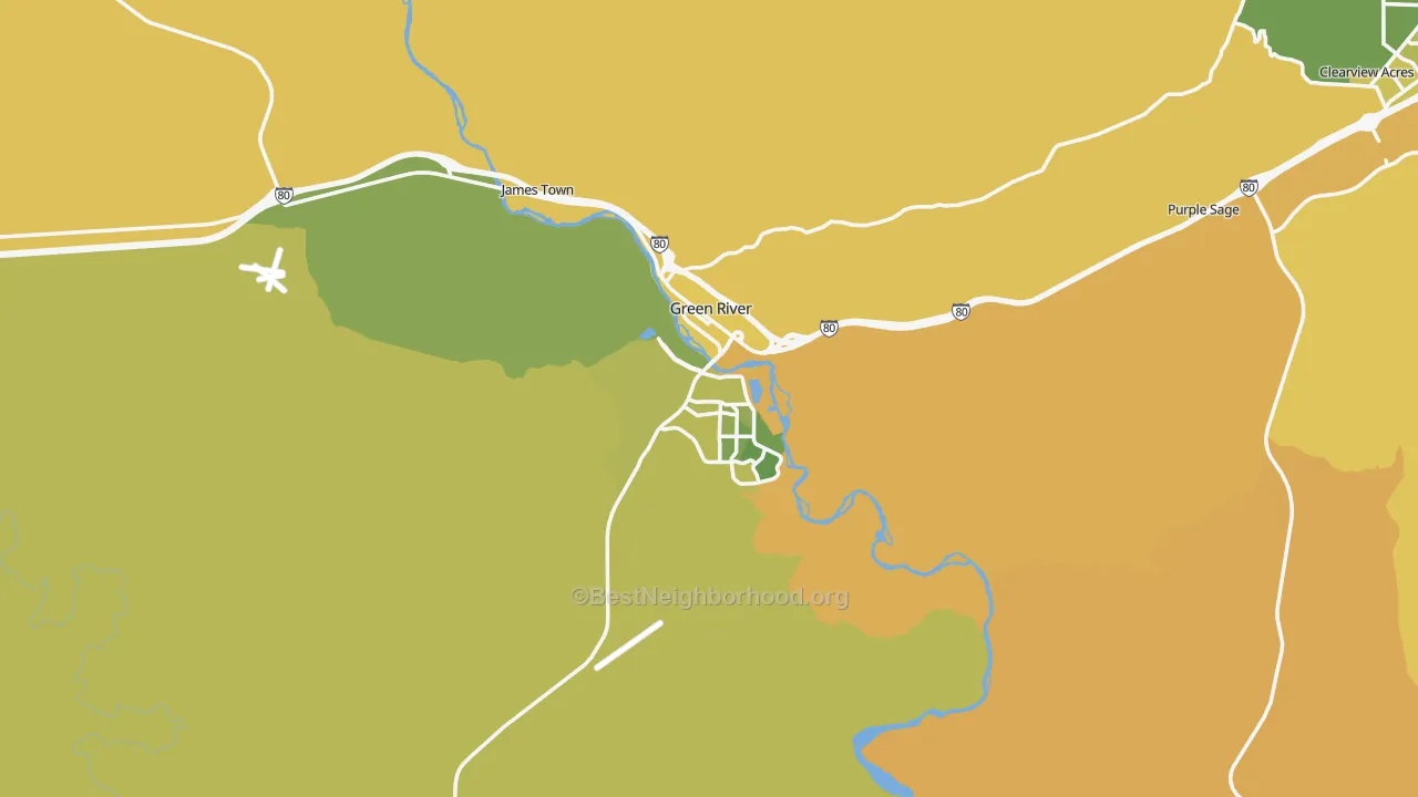 Map of the best neighborhoods in the 82935 area, with better matches in green and worse matches in red