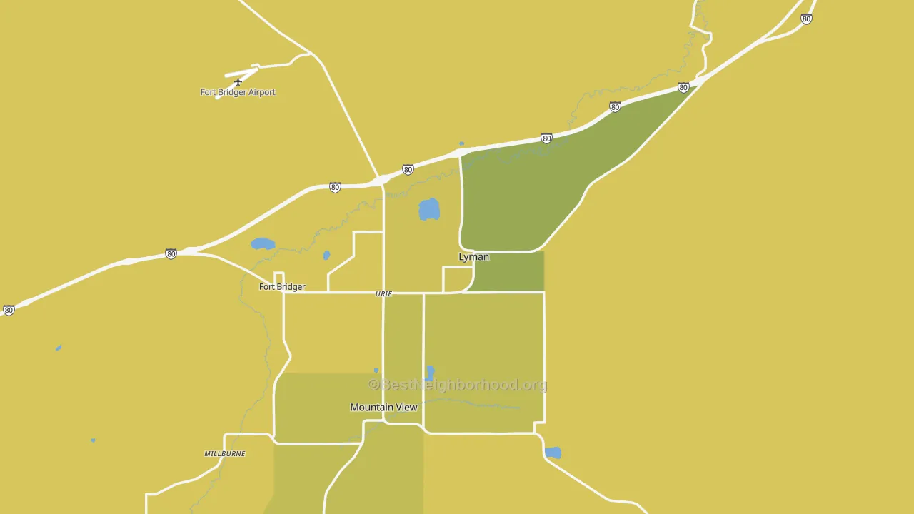 Map of the best neighborhoods in the 82937 area, with better matches in green and worse matches in red