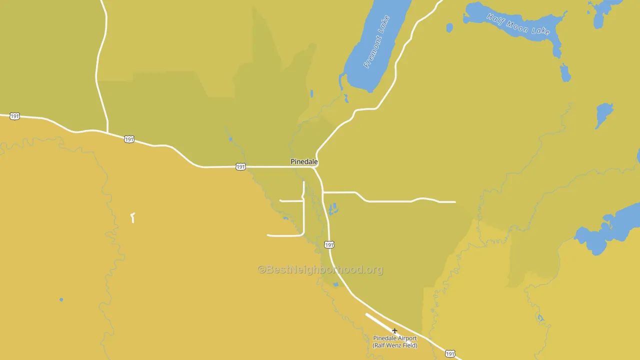 Map of the best neighborhoods in the 82941 area, with better matches in green and worse matches in red