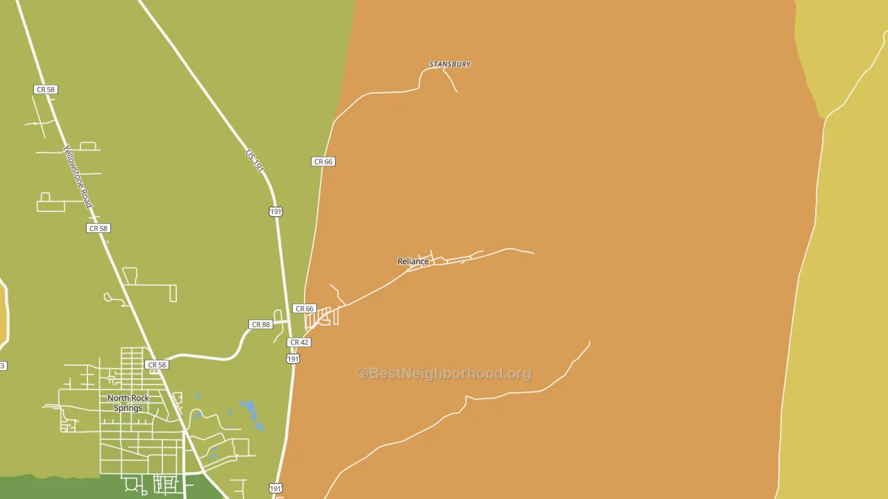 Map of the best neighborhoods in the 82943 area, with better matches in green and worse matches in red