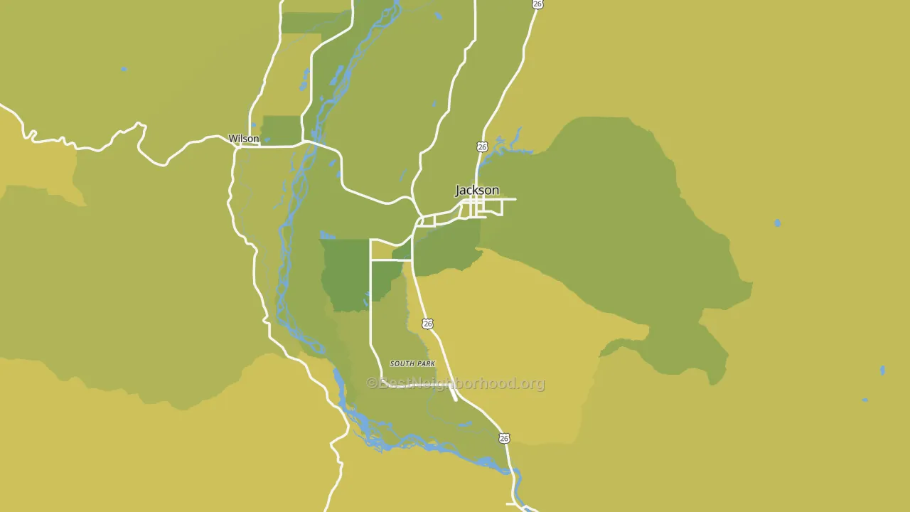 Map of the best neighborhoods in the 83001 area, with better matches in green and worse matches in red