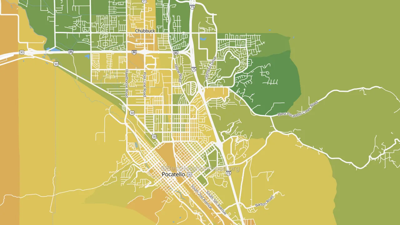 Map of the best neighborhoods in the 83201 area, with better matches in green and worse matches in red