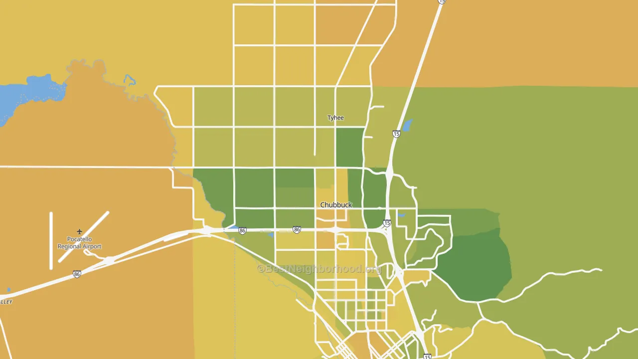 Map of the best neighborhoods in the 83202 area, with better matches in green and worse matches in red