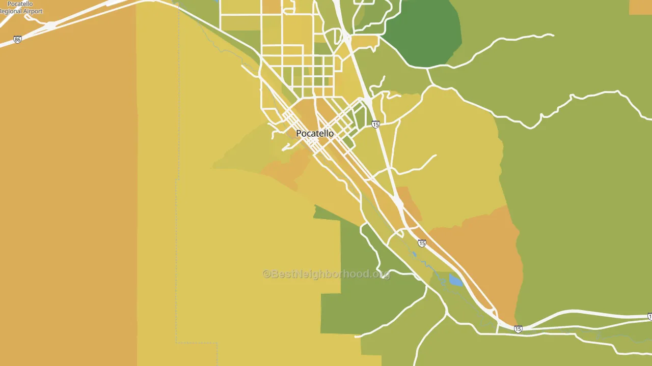 Map of the best neighborhoods in the 83204 area, with better matches in green and worse matches in red