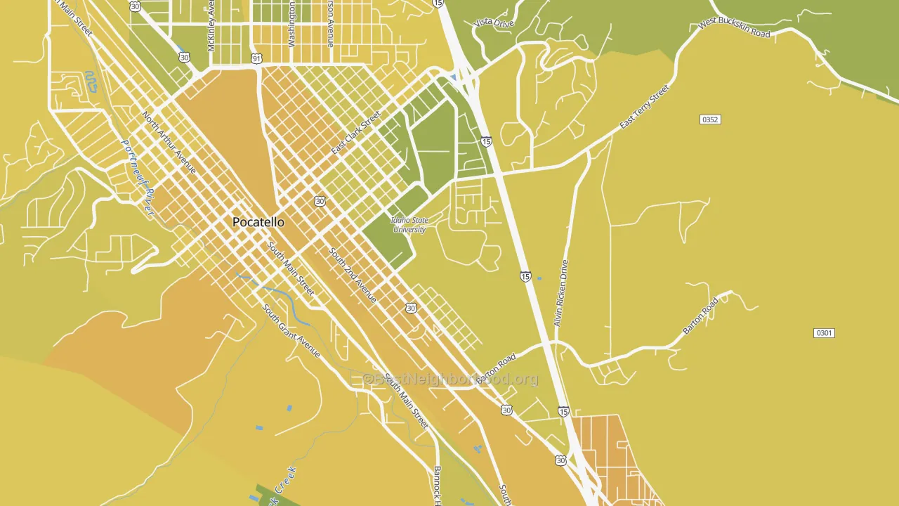 Map of the best neighborhoods in the 83209 area, with better matches in green and worse matches in red