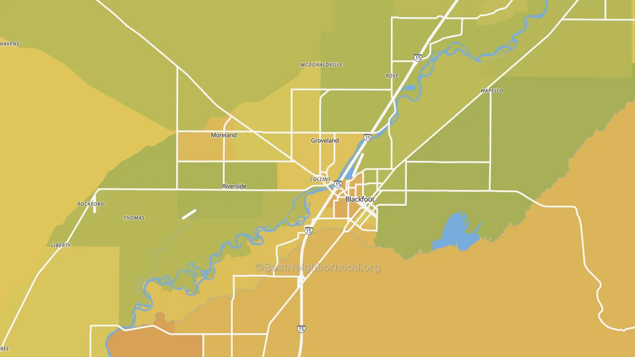 Map of the best neighborhoods in the 83221 area, with better matches in green and worse matches in red