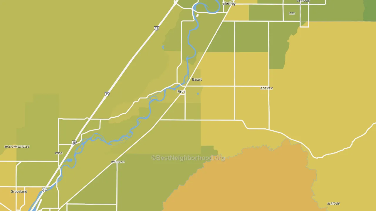 Map of the best neighborhoods in the 83236 area, with better matches in green and worse matches in red