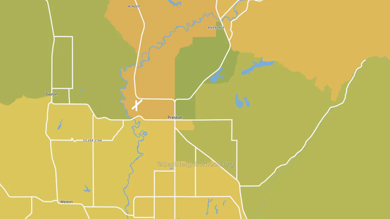 Map of the best neighborhoods in the 83263 area, with better matches in green and worse matches in red