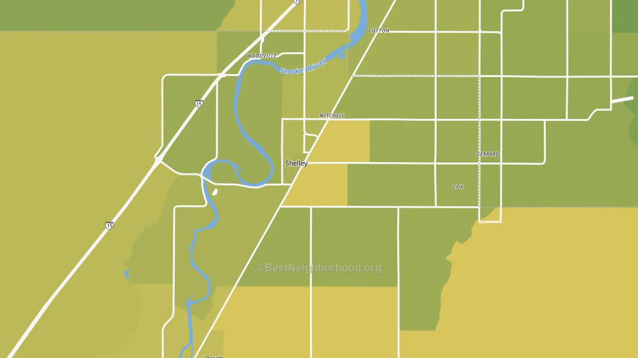 Map of the best neighborhoods in the 83274 area, with better matches in green and worse matches in red