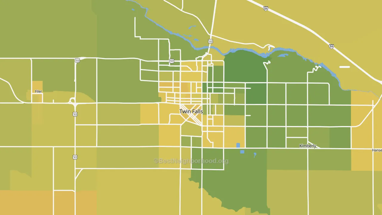 Map of the best neighborhoods in the 83301 area, with better matches in green and worse matches in red