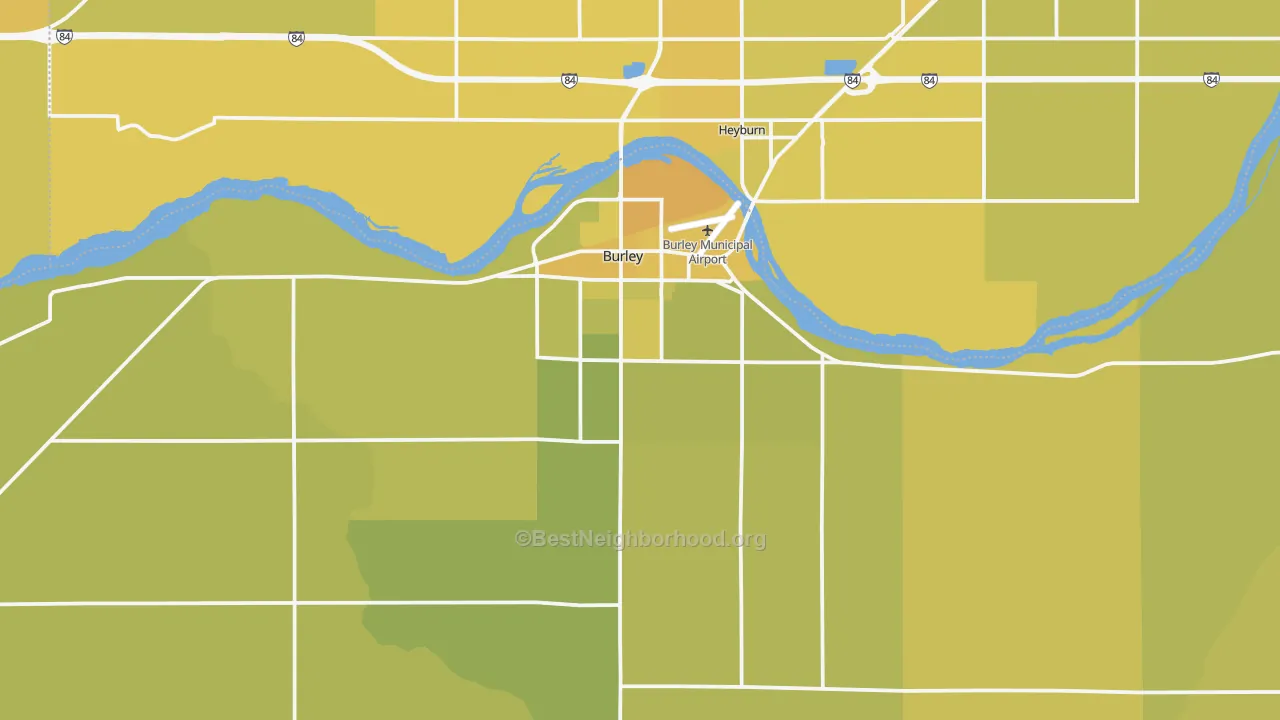 Map of the best neighborhoods in the 83318 area, with better matches in green and worse matches in red