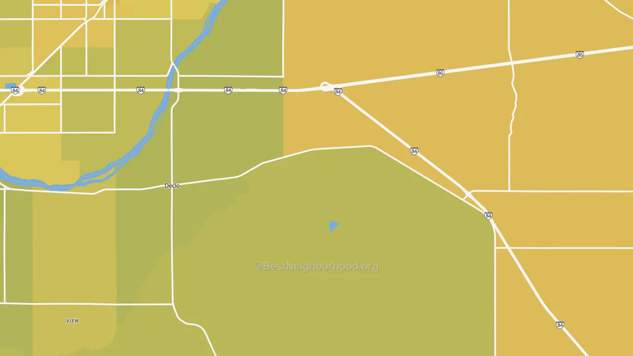 Map of the best neighborhoods in the 83323 area, with better matches in green and worse matches in red