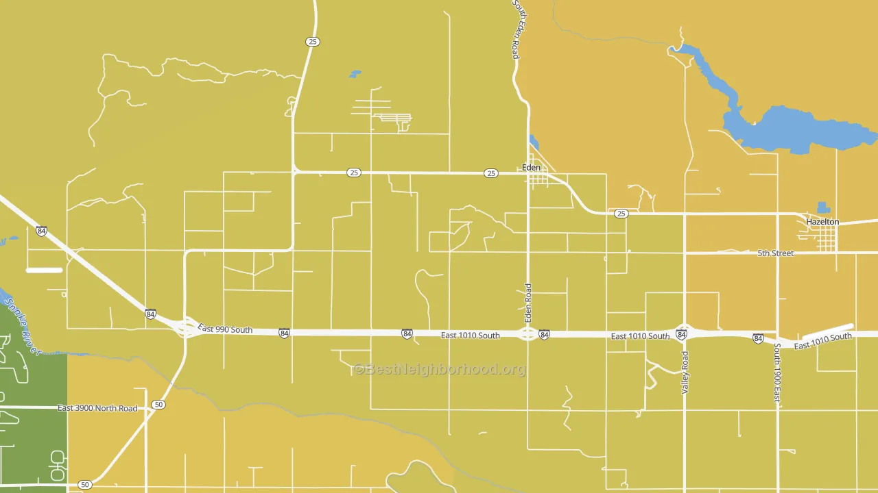 Map of the best neighborhoods in the 83325 area, with better matches in green and worse matches in red