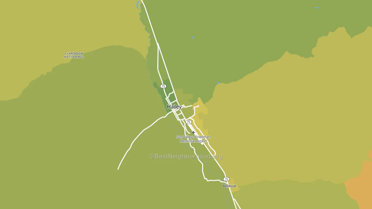 Map of the best neighborhoods in the 83333 area, with better matches in green and worse matches in red