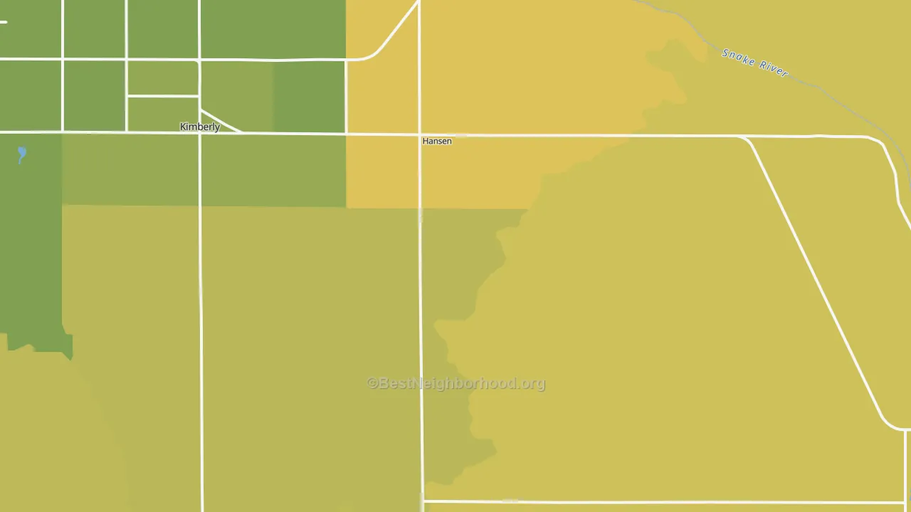 Map of the best neighborhoods in the 83334 area, with better matches in green and worse matches in red