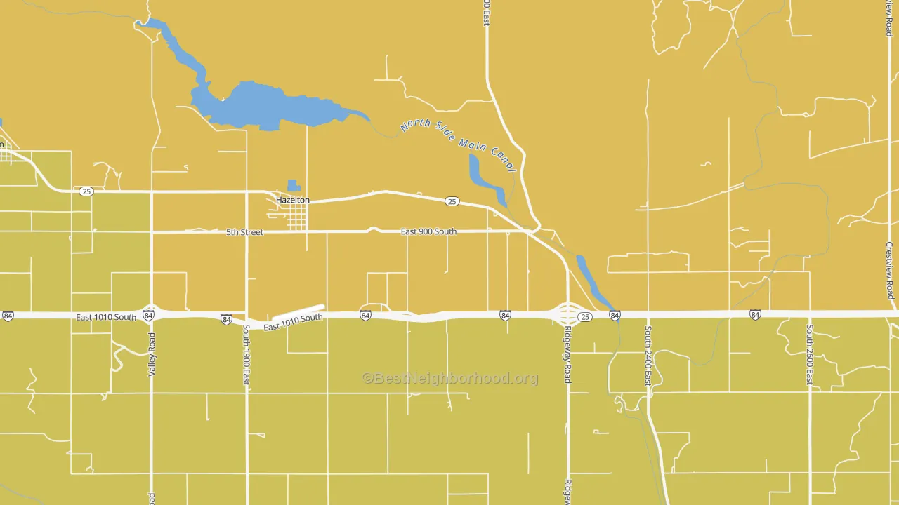 Map of the best neighborhoods in the 83335 area, with better matches in green and worse matches in red