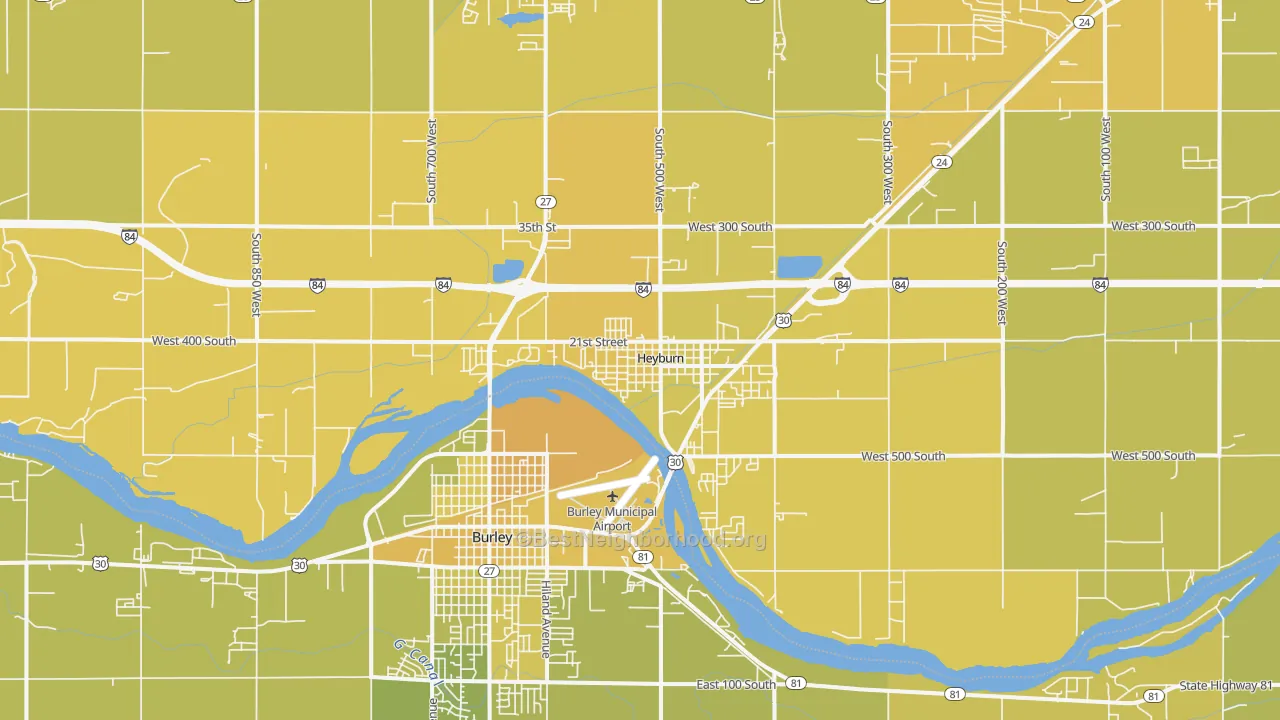 Map of the best neighborhoods in the 83336 area, with better matches in green and worse matches in red