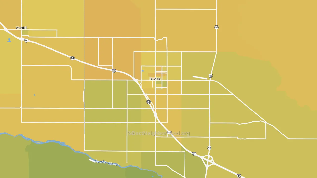 Map of the best neighborhoods in the 83338 area, with better matches in green and worse matches in red