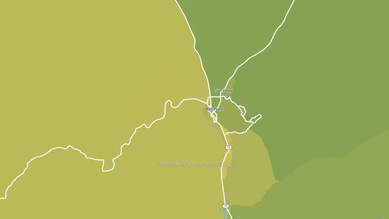 Map of the best neighborhoods in the 83340 area, with better matches in green and worse matches in red