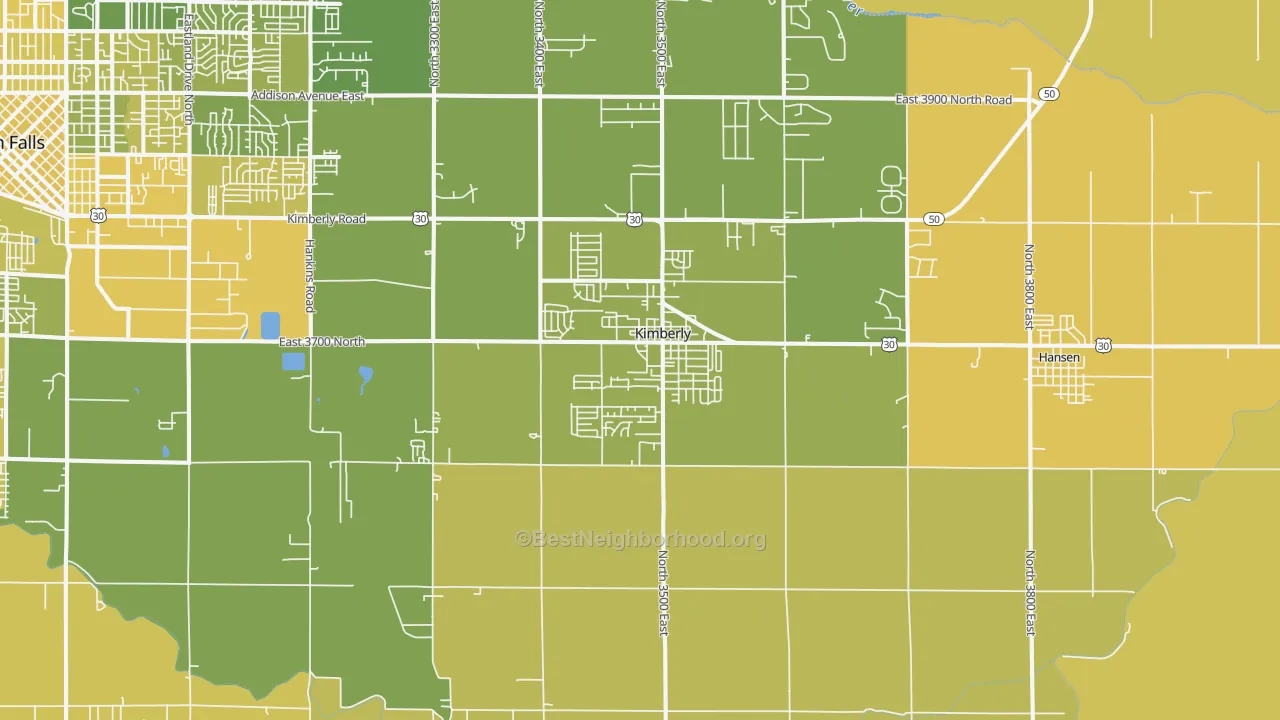 Map of the best neighborhoods in the 83341 area, with better matches in green and worse matches in red