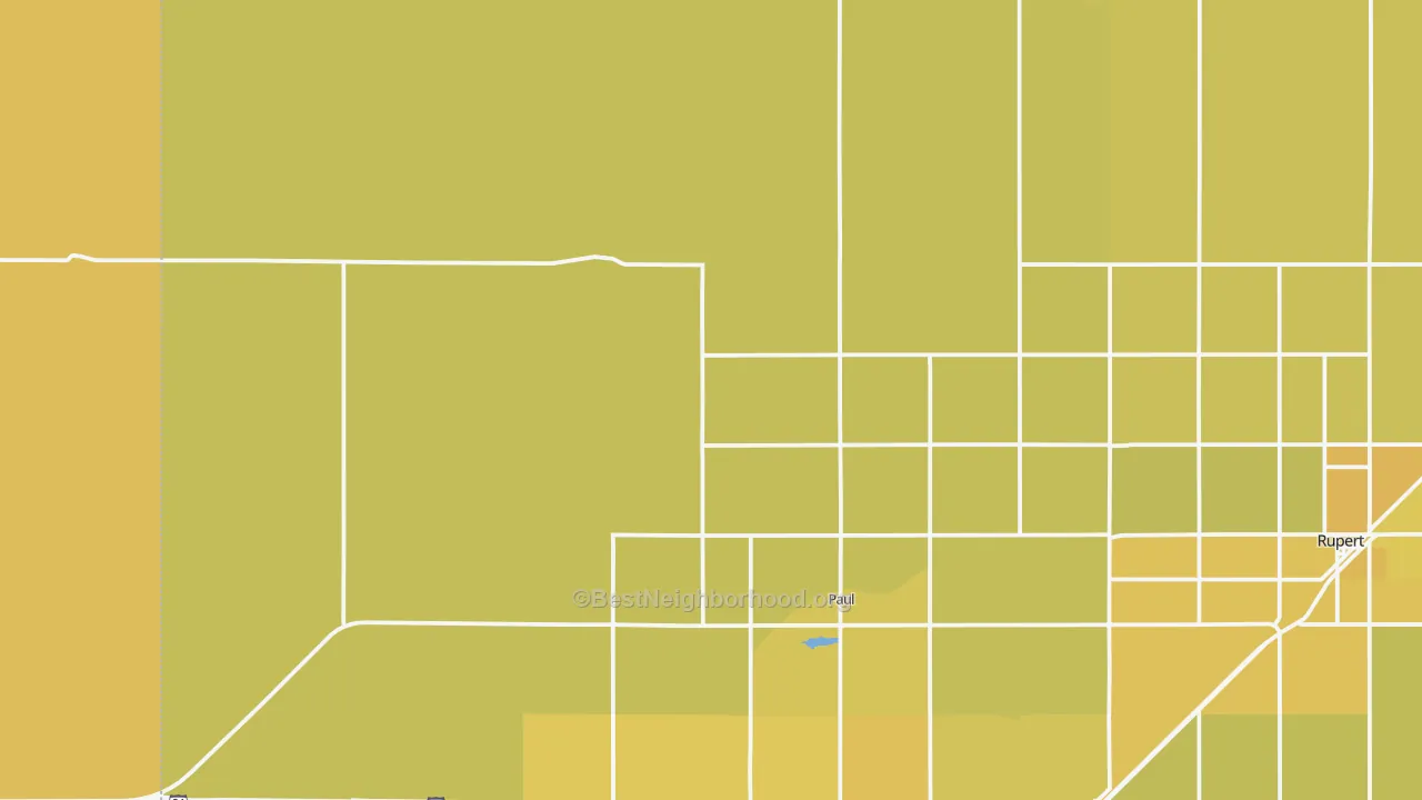 Map of the best neighborhoods in the 83347 area, with better matches in green and worse matches in red