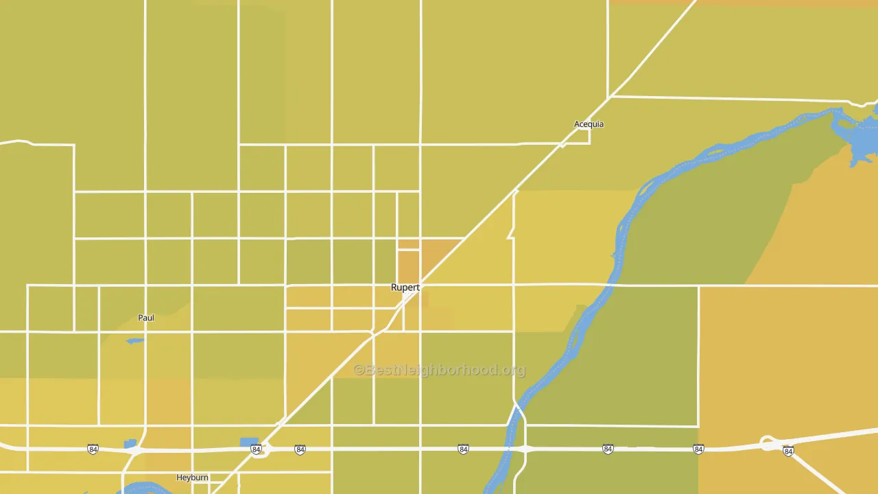 Map of the best neighborhoods in the 83350 area, with better matches in green and worse matches in red