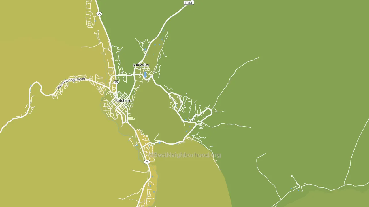 Map of the best neighborhoods in the 83353 area, with better matches in green and worse matches in red