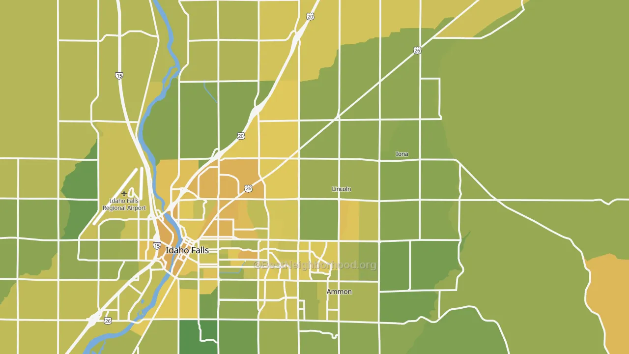 Map of the best neighborhoods in the 83401 area, with better matches in green and worse matches in red
