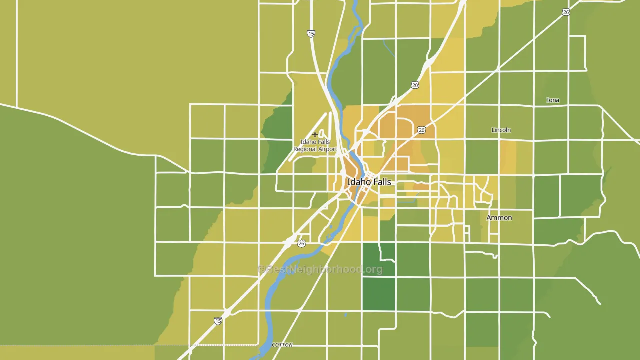 Map of the best neighborhoods in the 83402 area, with better matches in green and worse matches in red