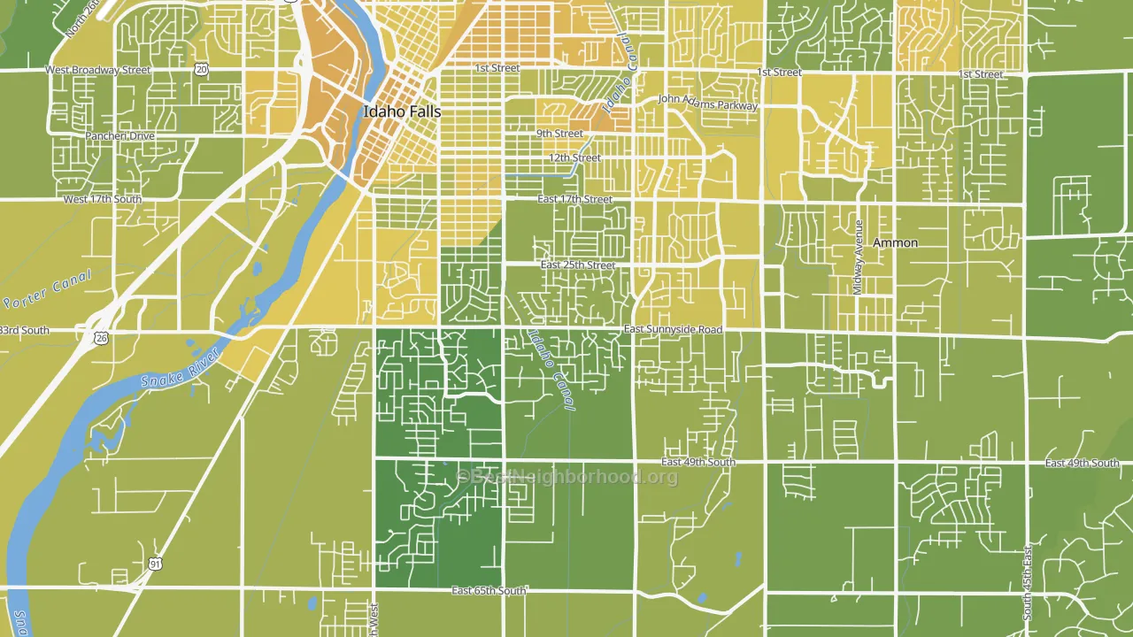Map of the best neighborhoods in the 83404 area, with better matches in green and worse matches in red