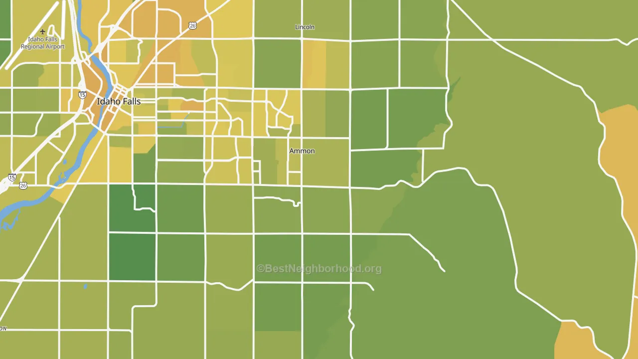Map of the best neighborhoods in the 83406 area, with better matches in green and worse matches in red