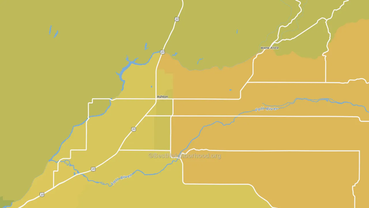 Map of the best neighborhoods in the 83420 area, with better matches in green and worse matches in red