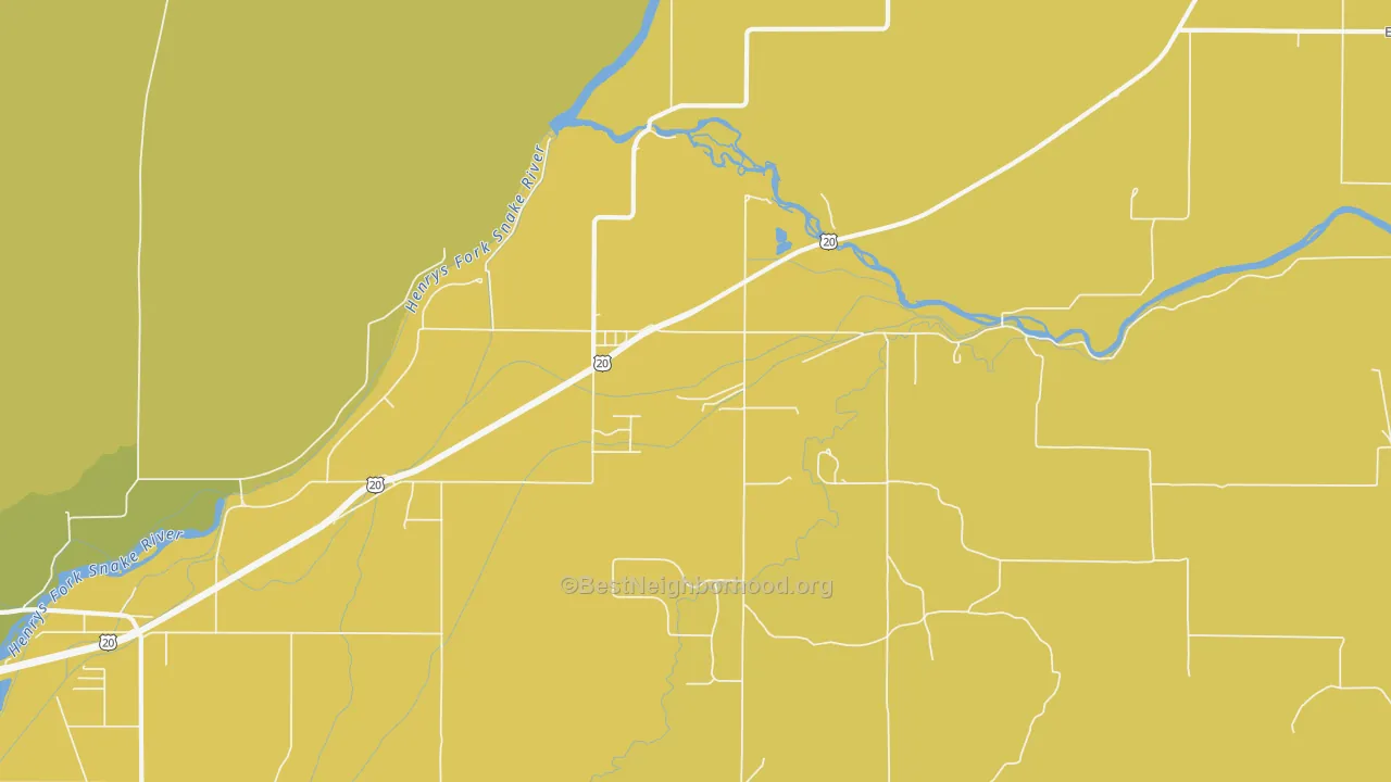 Map of the best neighborhoods in the 83421 area, with better matches in green and worse matches in red