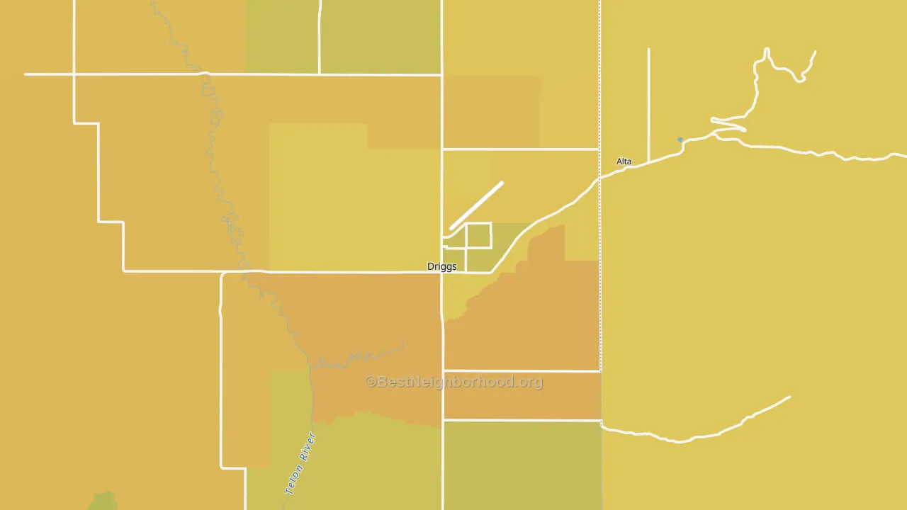 Map of the best neighborhoods in the 83422 area, with better matches in green and worse matches in red