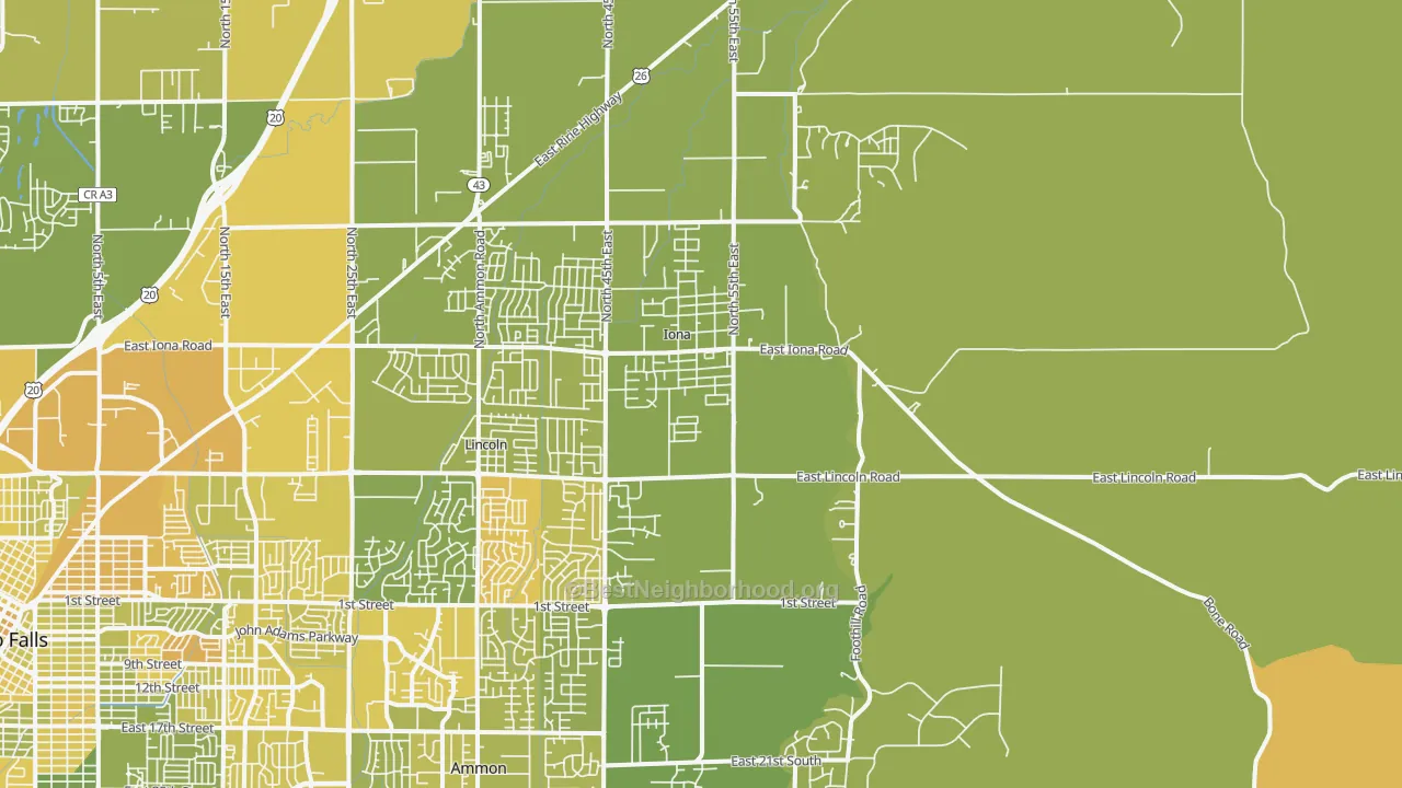 Map of the best neighborhoods in the 83427 area, with better matches in green and worse matches in red