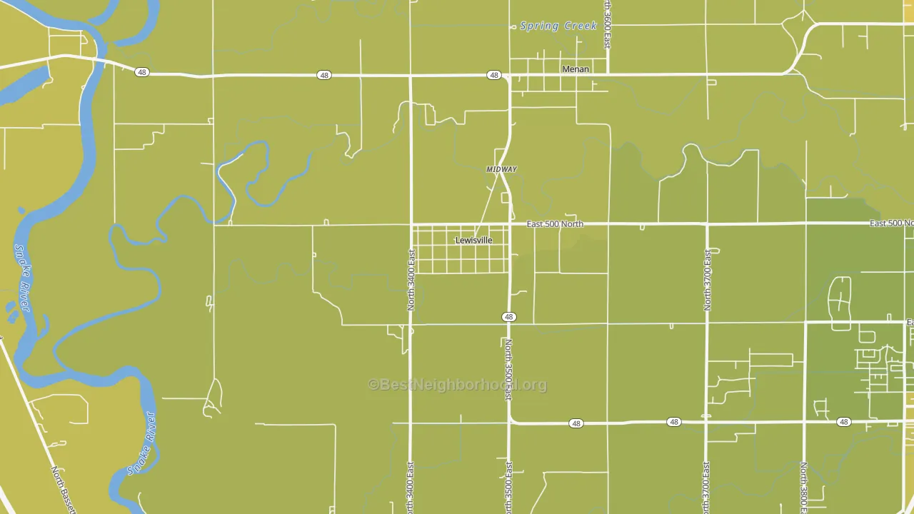 Map of the best neighborhoods in the 83431 area, with better matches in green and worse matches in red