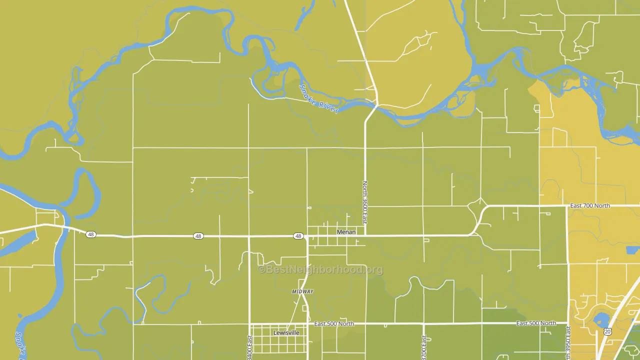 Map of the best neighborhoods in the 83434 area, with better matches in green and worse matches in red