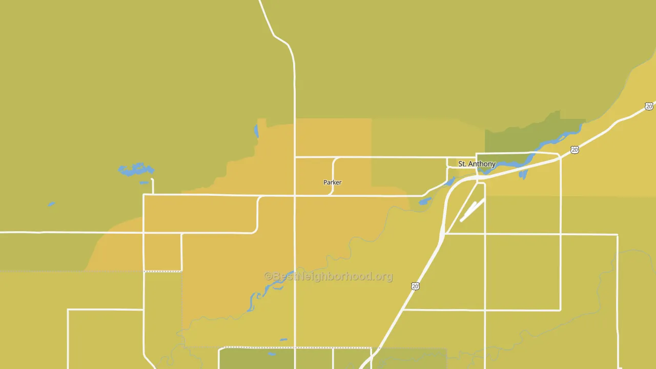 Map of the best neighborhoods in the 83438 area, with better matches in green and worse matches in red