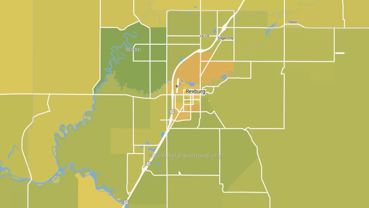 Map of the best neighborhoods in the 83440 area, with better matches in green and worse matches in red