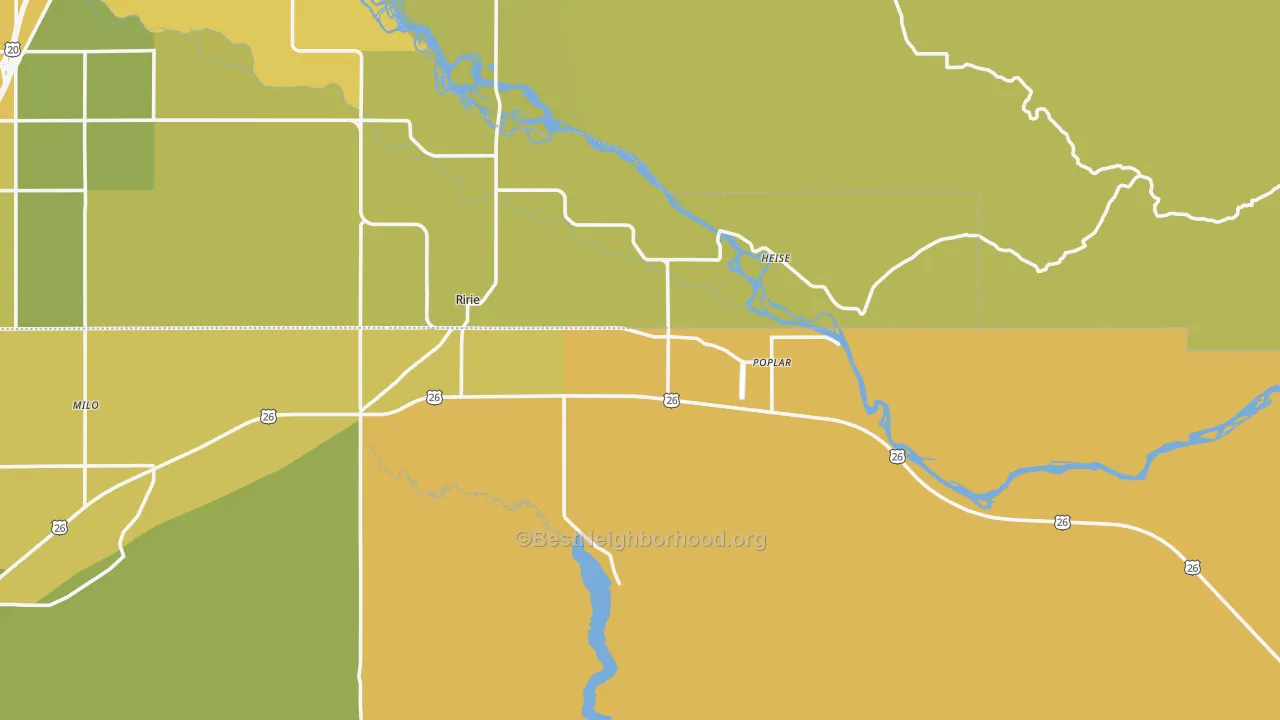 Map of the best neighborhoods in the 83443 area, with better matches in green and worse matches in red