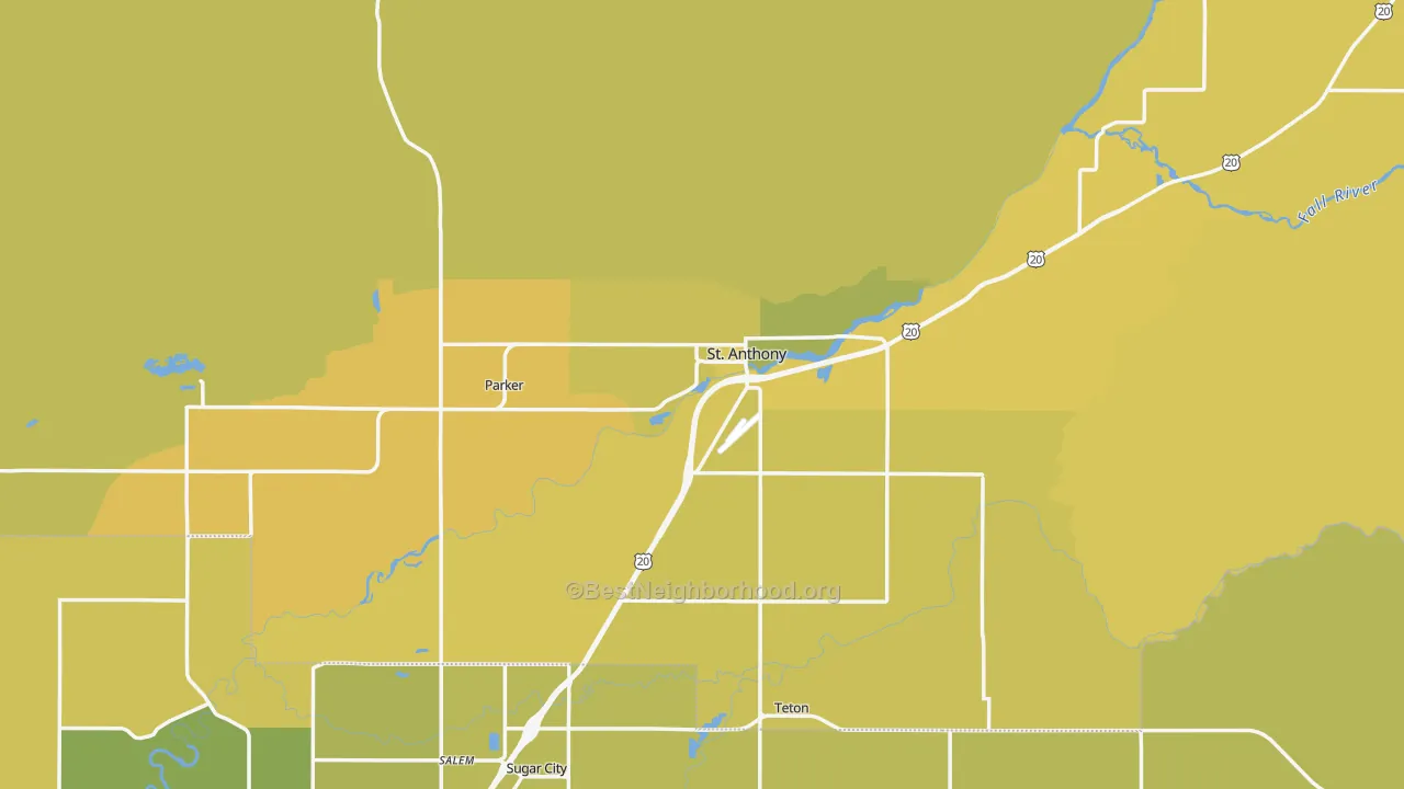 Map of the best neighborhoods in the 83445 area, with better matches in green and worse matches in red