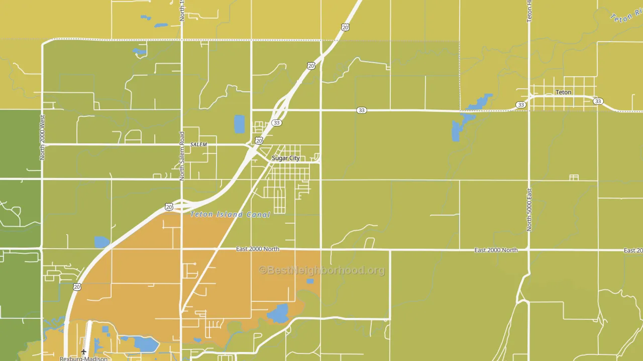 Map of the best neighborhoods in the 83448 area, with better matches in green and worse matches in red