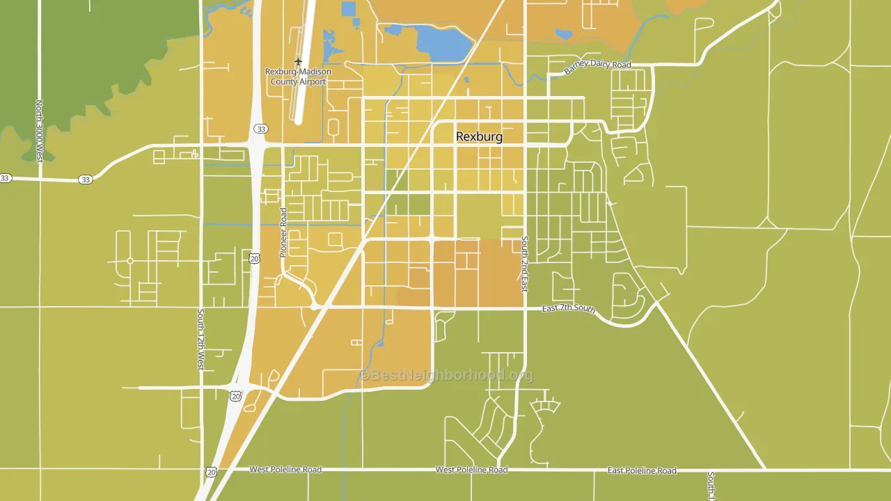 Map of the best neighborhoods in the 83460 area, with better matches in green and worse matches in red