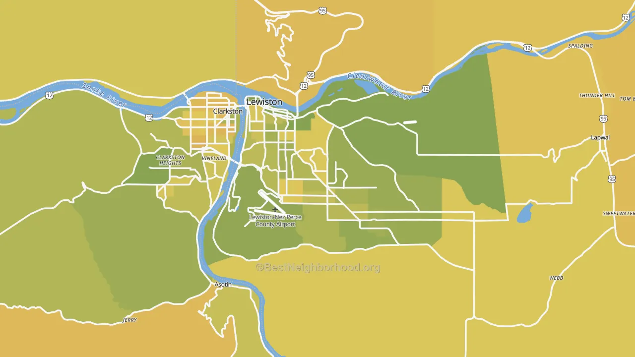 Map of the best neighborhoods in the 83501 area, with better matches in green and worse matches in red