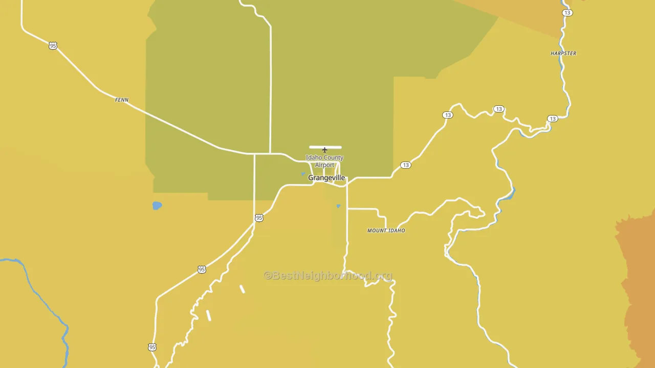 Map of the best neighborhoods in the 83530 area, with better matches in green and worse matches in red