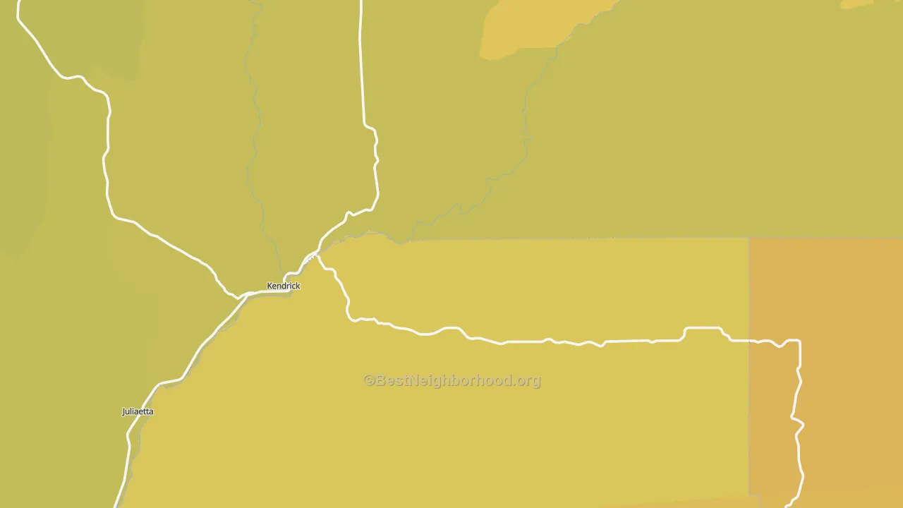 Map of the best neighborhoods in the 83537 area, with better matches in green and worse matches in red