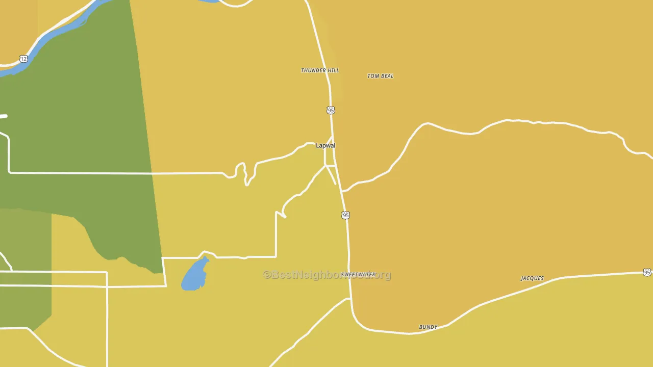 Map of the best neighborhoods in the 83540 area, with better matches in green and worse matches in red